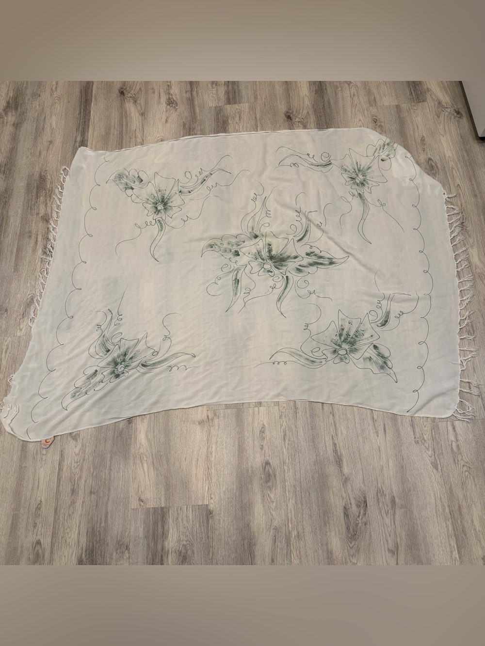 Pineapple Moon 100% Rayon Floral Fringe Scarf Wrap Shawl Ivory Green
